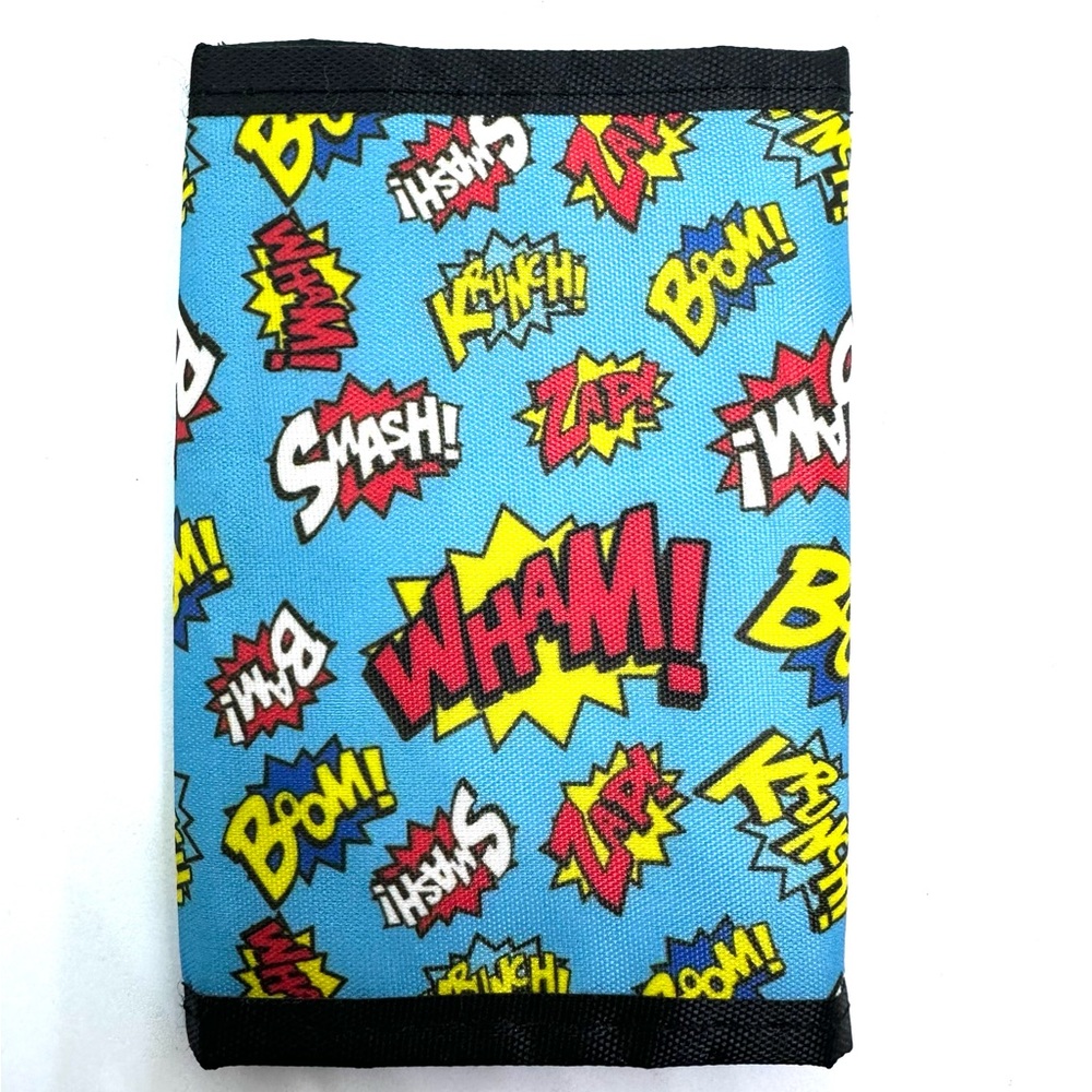 NEW SUPERHERO TRI-FOLD WALLET‎ BLUE BOOM BAM ZAP SMASH KRUNCH WHAM